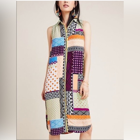 Anthropologie Everyway Shirt Dress‎ Womens Sz-8 Patchwork Sleeveless Button Up - Picture 1 of 8
